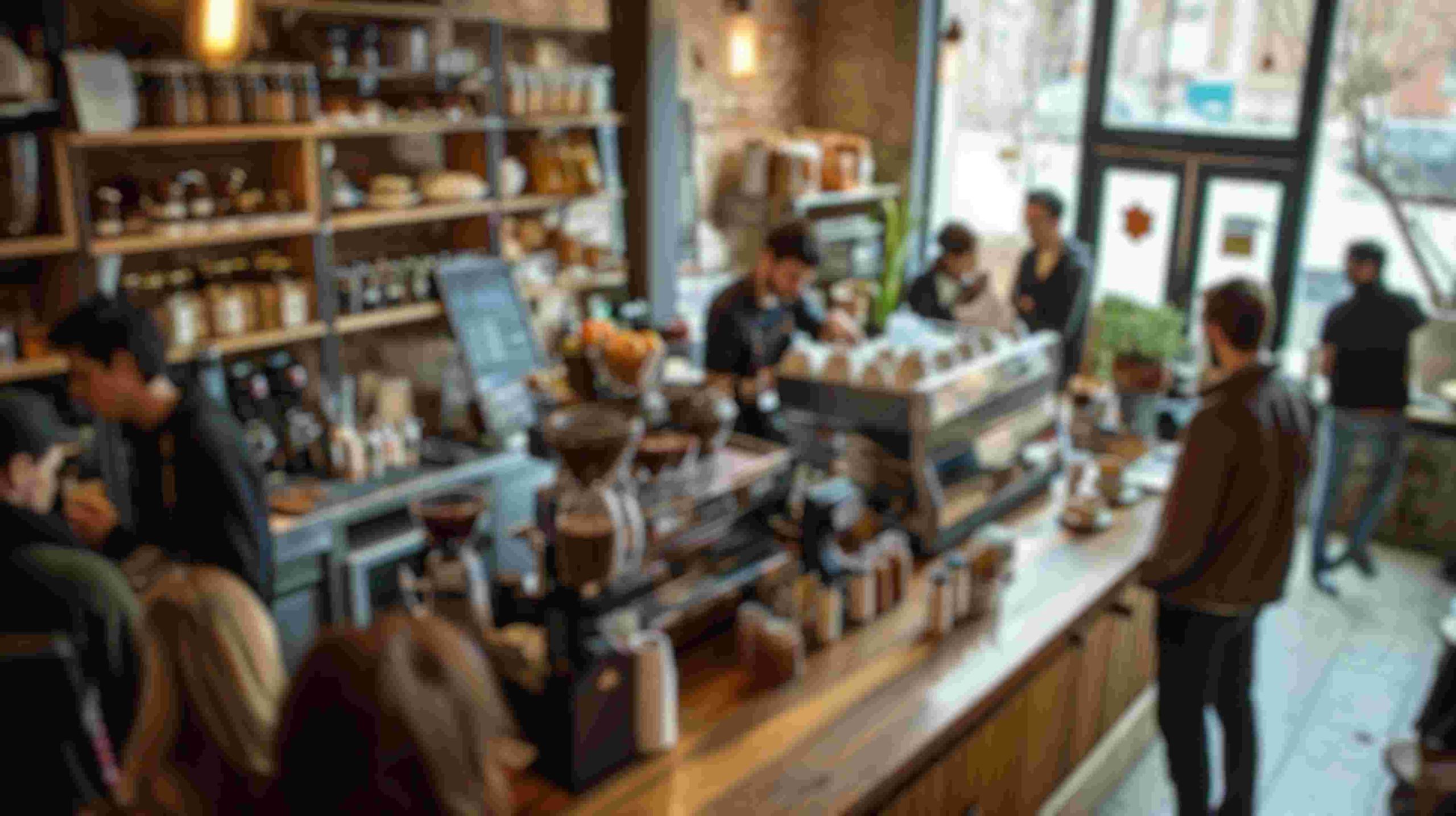 A blurred modern cafe scene with baristas serving drinks and customers waiting.
